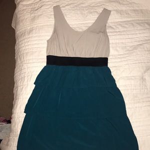 Emerald, gray, and black banded strapless dress